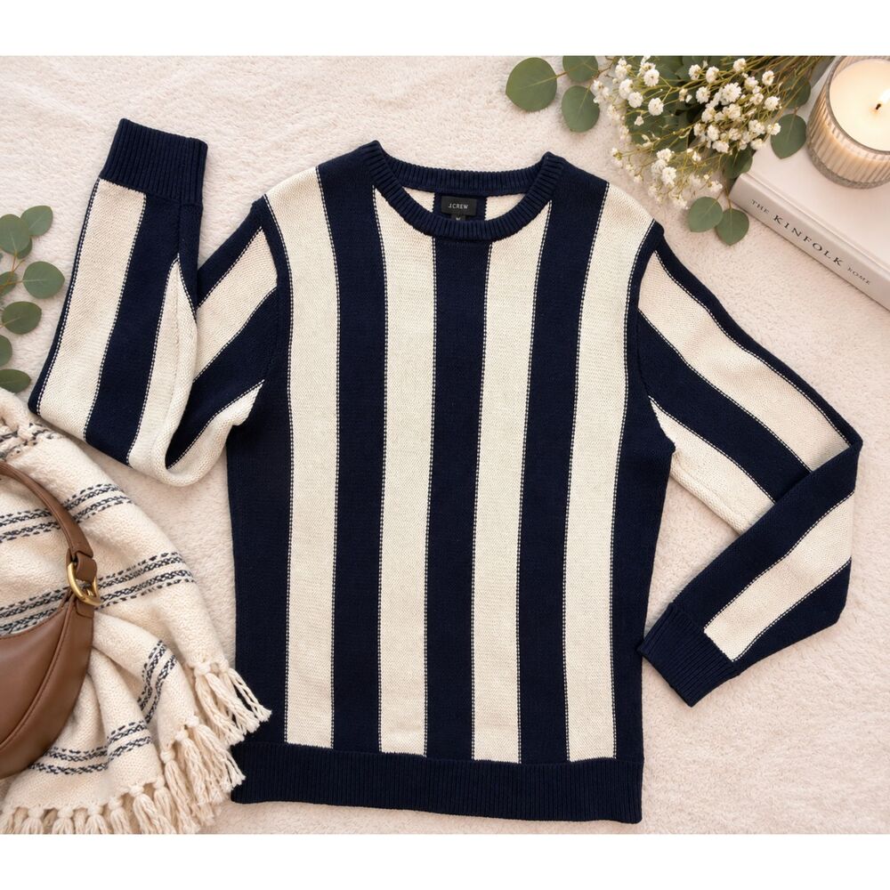 J.Crew Navy Cream Striped 100% Cotton Knit Sweater Medium